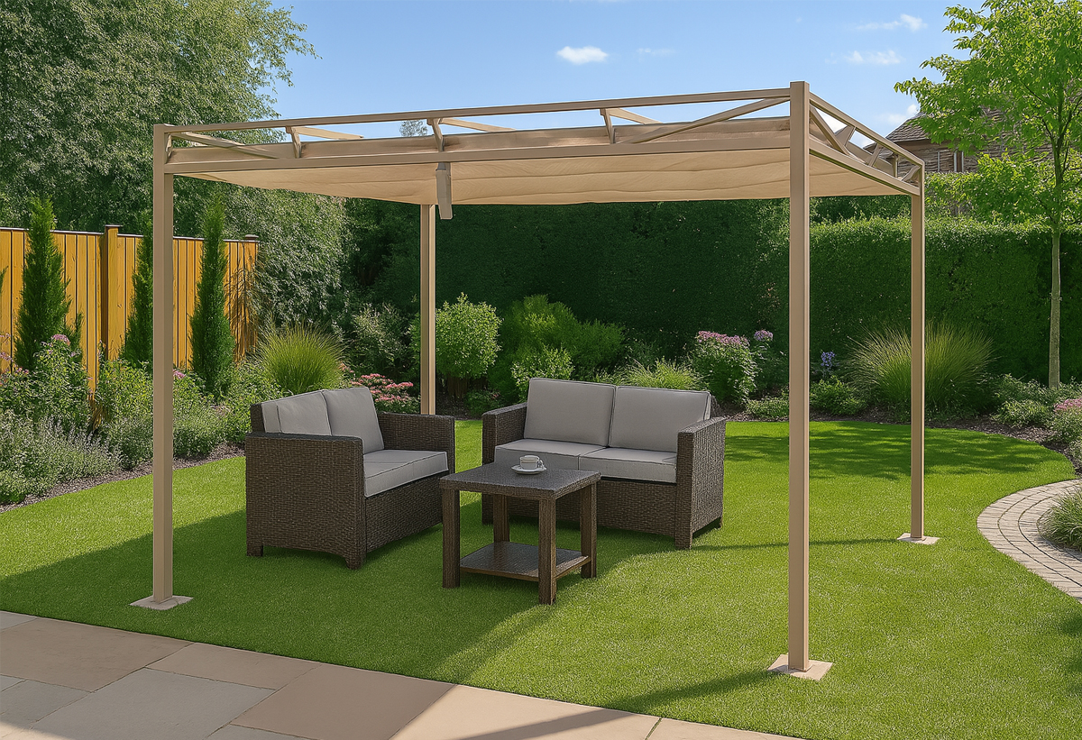 Απεικονίζεται η πέργκολα σε έναν κήπο σπιτιού.